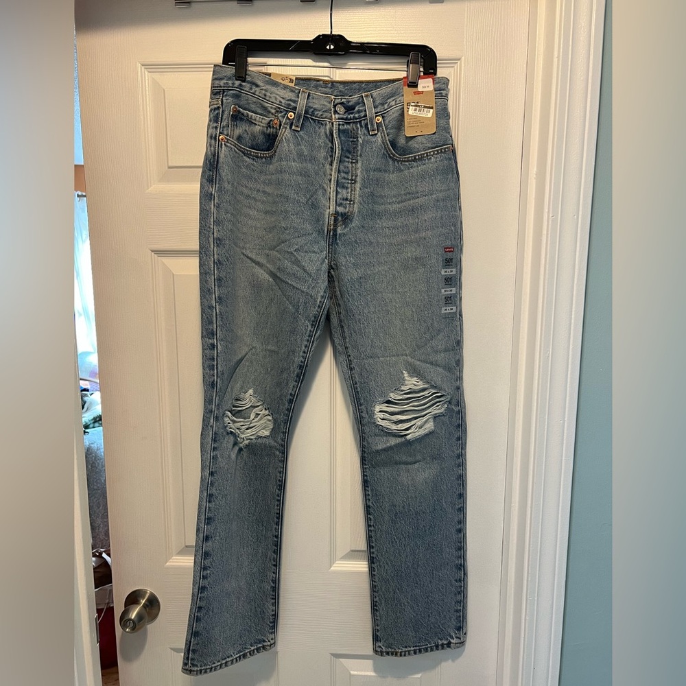 Levi's 501 Light Blue Ripped Straight Jeans
